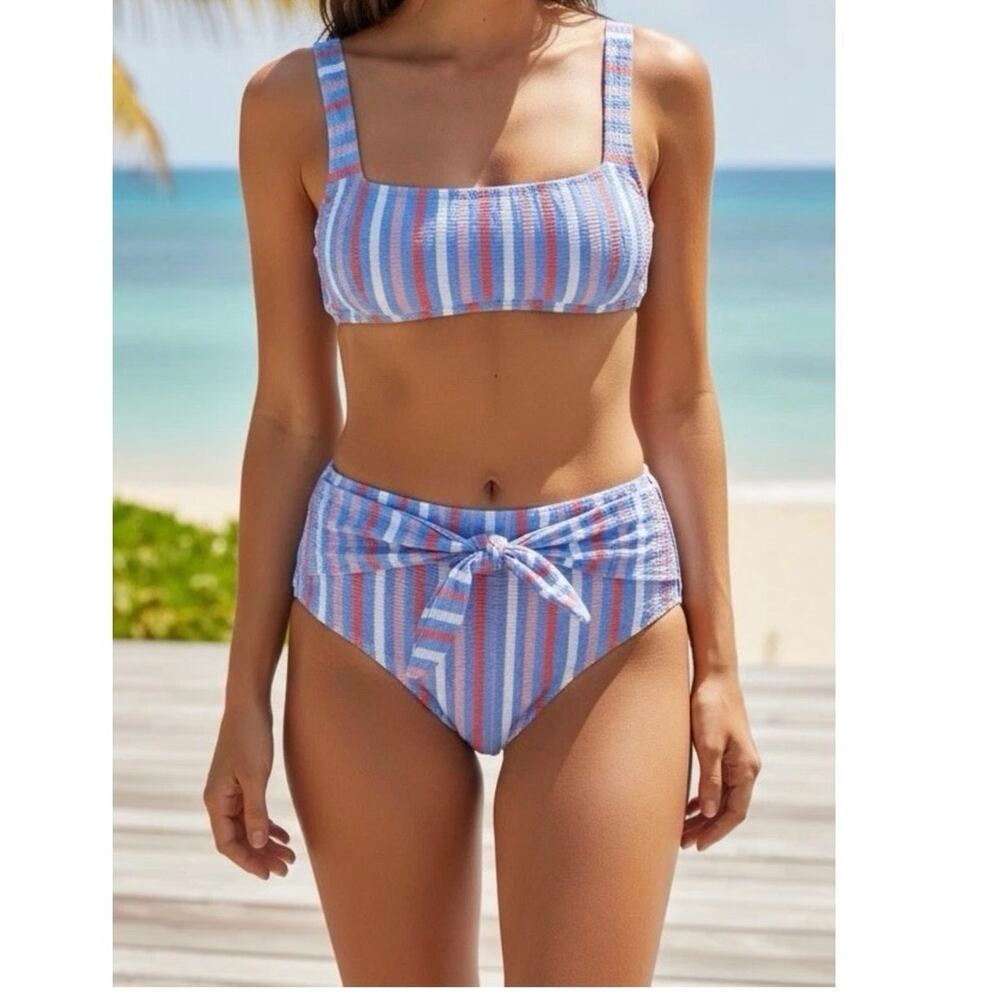 Jessica Simpson Seersucker Bikini Set Stripe High Waist Tie Blue Pink Women M